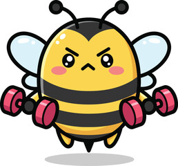 Obraz premium Cartoon bee lifting dumbbells with angry face, flying workout insect character vector for fitness
