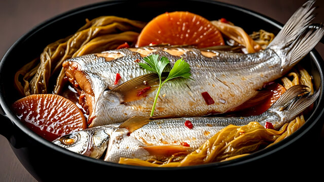 Korean galchi jorim braised hairtail fish with radish and cabbage, showing the silvery skin of the fish in a deep, glossy soy-based sauce with cabbage leaves