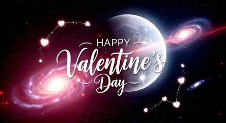 Happy Valentine&rsquo;s Day: Cosmic Galaxy Scene With Hearts, Planets, Stars, And Starry Romance