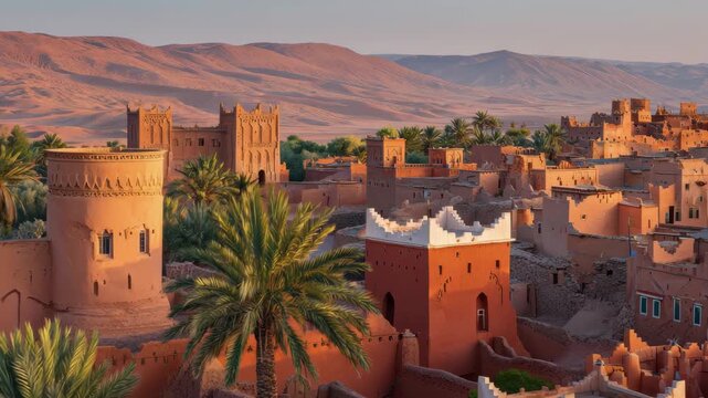 Traditional earthen architecture of ait benhaddou kasbah at sunset, morocco, with palm trees in the foreground and desert mountains in the background, 4k video