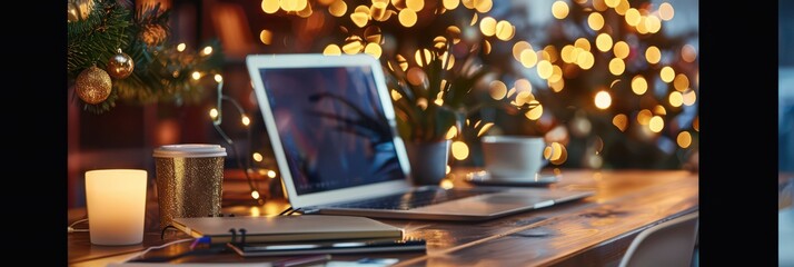 Festive business workspace with laptop and coffee for new year celebration. Horizontal banner. Copy space. Free space for text