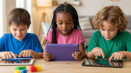 Group of Diverse Multicultural Children Using Digital Tablets for Interactive E-Learning and Gaming at Home or School