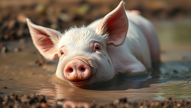 grunting. A pink pig playing in a muddy puddle, covered in mud droplets. wildlife magazines, conservation campaigns, designed for eco-tourism storytelling, used by it administrators.
