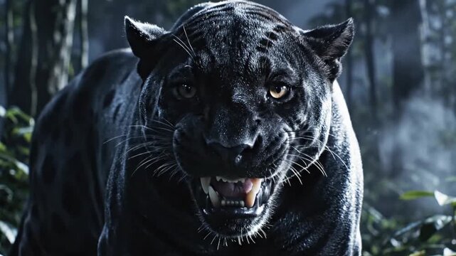 Majestic Black Panther Emerging from Dense Forest Shadows with Intense Gaze