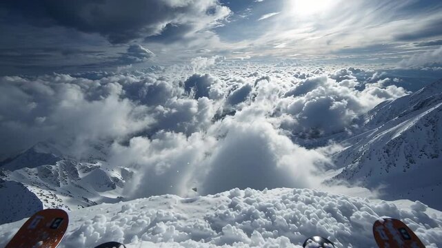 Skier Resting on Mountain Slope with Breathtaking View Above Clouds