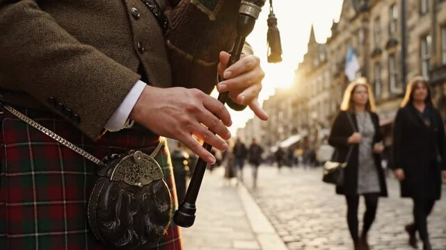 Bagpiper playing in the streets of Edinburgh, Scotland, with traditional Scottish clothing and buildings in the background