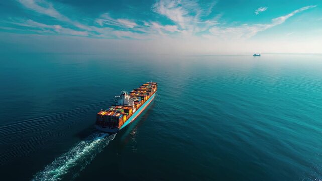Aerial view of large container ship sailing on deep blue ocean under cloudy sky, 4k video