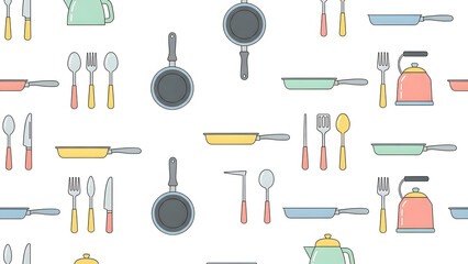 A colorful, repeating pattern of various kitchen utensils and cookware, creating a playful and organized visual.