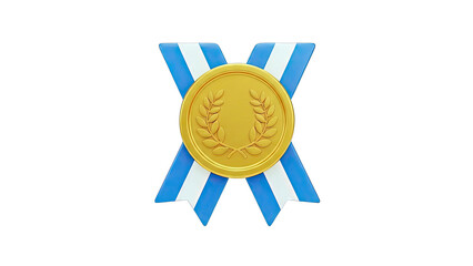Gold medal with blue and white ribbon