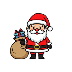 Cute cartoon Santa Claus holding a sack filled with a gift, isolated on a white background. Perfect for Christmas and holiday designs.