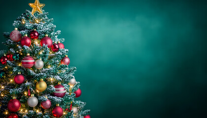 Christmas tree decorated with multicolored lights and baubles.