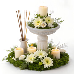 White Floral Candle Centerpiece with Bird Bath Vase and Moss Base Arrangement Isolated on White Background.