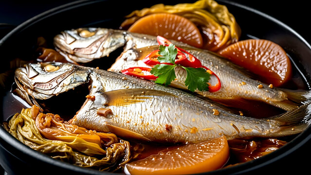 Korean galchi jorim braised hairtail fish with radish and cabbage, showing the silvery skin of the fish in a deep, glossy soy-based sauce with cabbage leaves