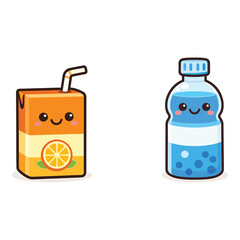 Cute Kawaii Juice Box and Water Bottle Characters Vector