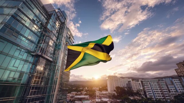 Jamaican flag waving in front of modern glass building and cityscape at sunset, 4k video
