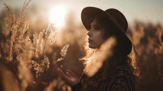Woman in a widebrimmed hat standing in a field of tall grass during golden hour sunset, 4k video