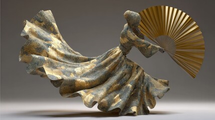 Elegant dancer in flowing patterned robe with golden fan in motion on neutral background for celebration