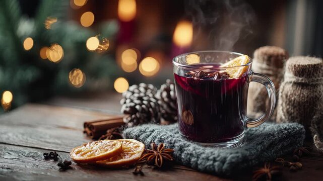 Steaming mulled wine with orange slice, cinnamon, and star anise on wooden table with bokeh lights, 4k video