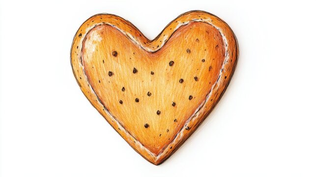 Cute hand drawn cookie in heart shape with icing outline and chocolate chips for Valentine sweet gift