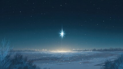 Naklejka premium Bright star shines above a snowy winter field under a peaceful night sky filled with sparkling starlight
