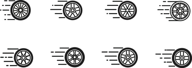 Racing wheels with speed lines vector graphic on transparent background silhouette