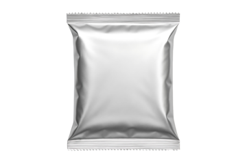 Silver metallic foil snack pouch mockup for potato chips or pretzels with front view and realistic texture for product isolated on transparent background