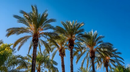 Obraz premium Majestic Palm Trees Silhouetted Against a Vibrant Blue Sky on a Sunny Day.
