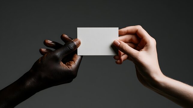 Two hands, one light-skinned and the other dark-skinned, hold a blank card against a gray background