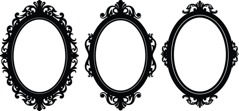 Three ornate oval frames decorative design elements on transparent background silhouette