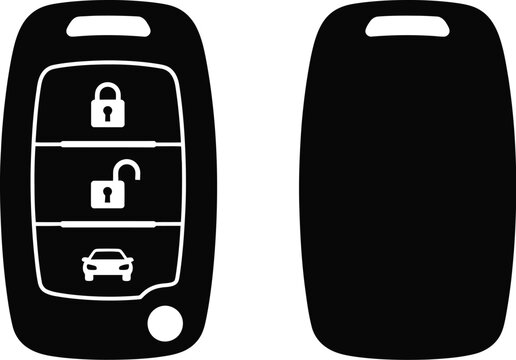 Two black car key fobs front and back view on transparent background silhouette