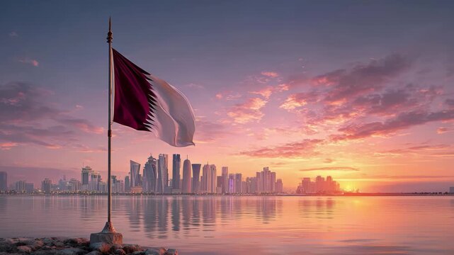 Flag of qatar waving at sunrise over the doha skyline and the arabian gulf, 4k video