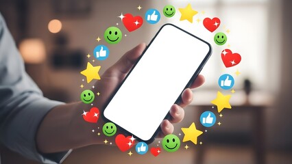 Hand holding a smartphone surrounded by colorful social media icons and animations