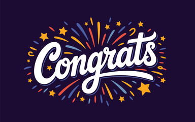 Colorful congratulations text with fireworks and stars