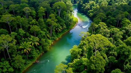 Aerial view of turquoise river winding through lush tropical rainforest canopy. Generative AI. 