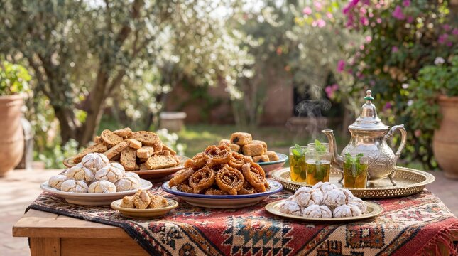 Moroccan Sweets and Tea in a Garden Setting.