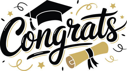 Black and gold congratulations graduation with cap and diploma
