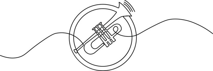 Minimalist continuous one-line drawing of a trumpet inside a circle with sound wave details. Sleek black vector art for music and jazz themes.