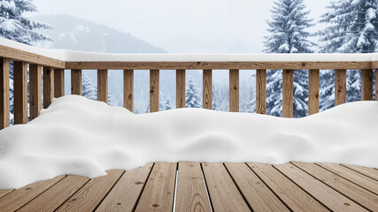 Winter balcony covered with snow and wooden railing in outdoor setting  