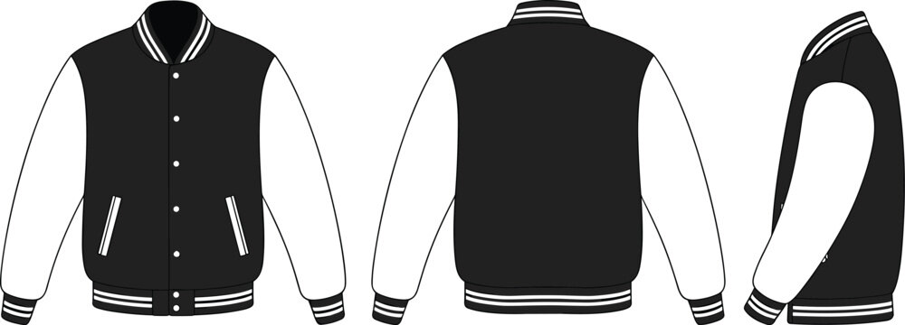 Varsity jacket sketch, front back side view, fashion flat, apparel design, garment template, vector illustration, clothing construction detail