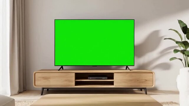 Modern living room with green screen TV on wooden console table