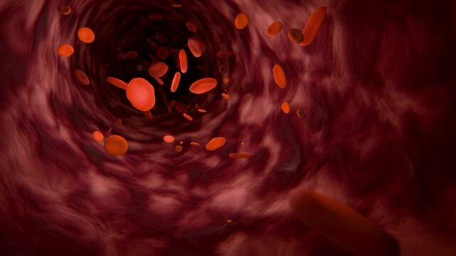 oxygen-rich Red blood cells flow inside arteries 3D CGI animation