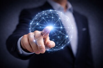 Businessman Touching Digital Network Sphere for Global Technology Connectivity.