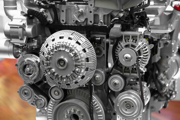 Close up view of Large diesel truck engine at display.