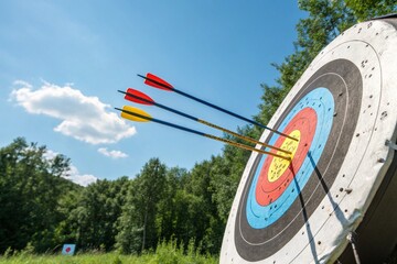 A group of arrows are shot at a target, with one arrow missing
