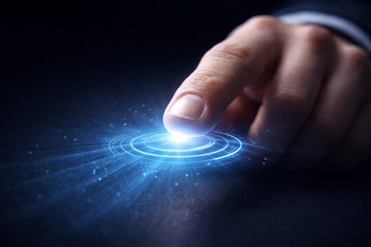 Human Finger Touching Futuristic Digital Interface – Advanced Technology Touch Concept. - Powered by Adobe