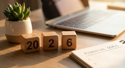 Wooden cubes with 2026 date and financial goals notebook on wooden office desk with laptop and succulent plant, business planning concept