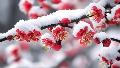 Close up of a branch of a tree covered in snow.