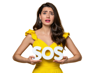 Urgent SOS: A woman in distress, her worried expression, clutching the SOS sign. A visual testament to moments of crises and requests for help.