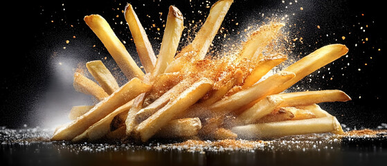 French fries bursting of spice, with black background.