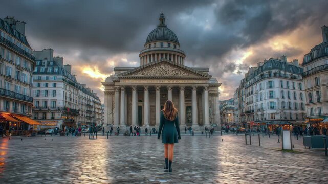 Woman walking towards the panthon in paris under a dramatic, cloudy sunset sky, 4k video